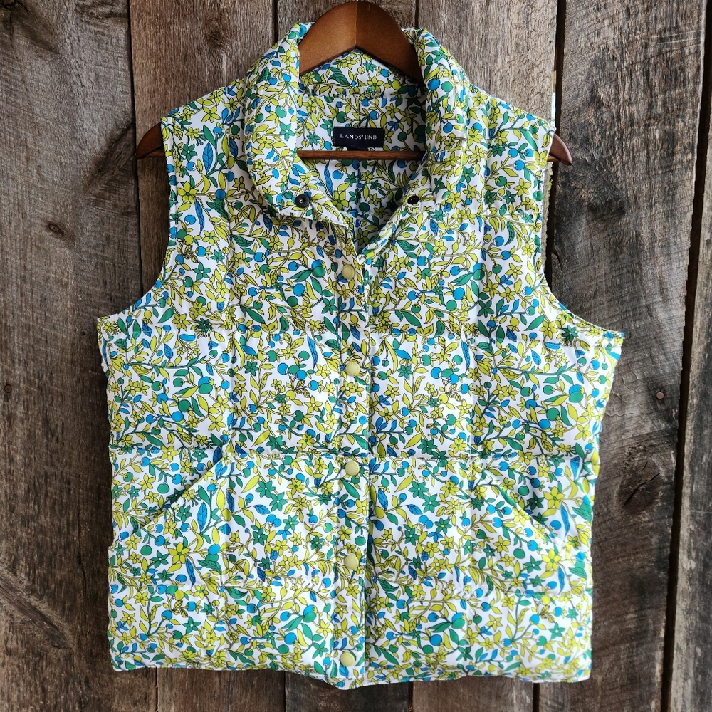 Land's End Floral Puffer Vest Snap Front Sz M